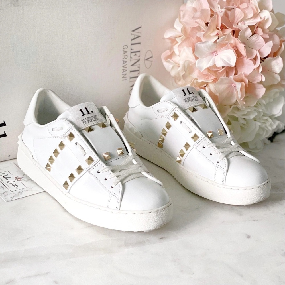 Valentino Garavani White and Gold Studded Sneakers size 8